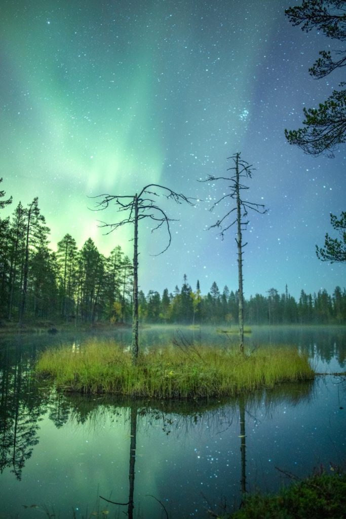 The northern lights over water.