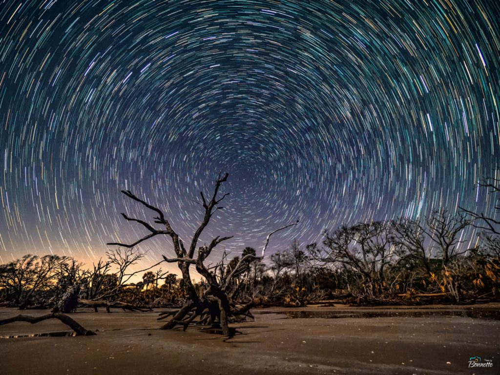 Light trails from stars in the night sky