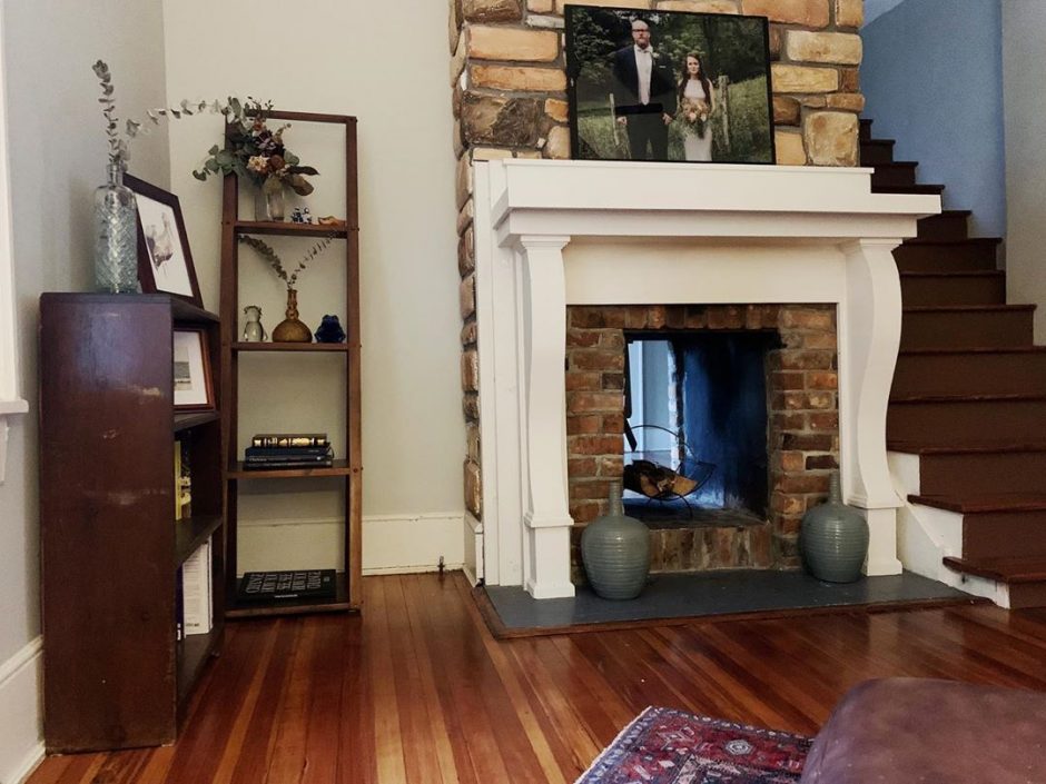 Family photos make great mantel decor.