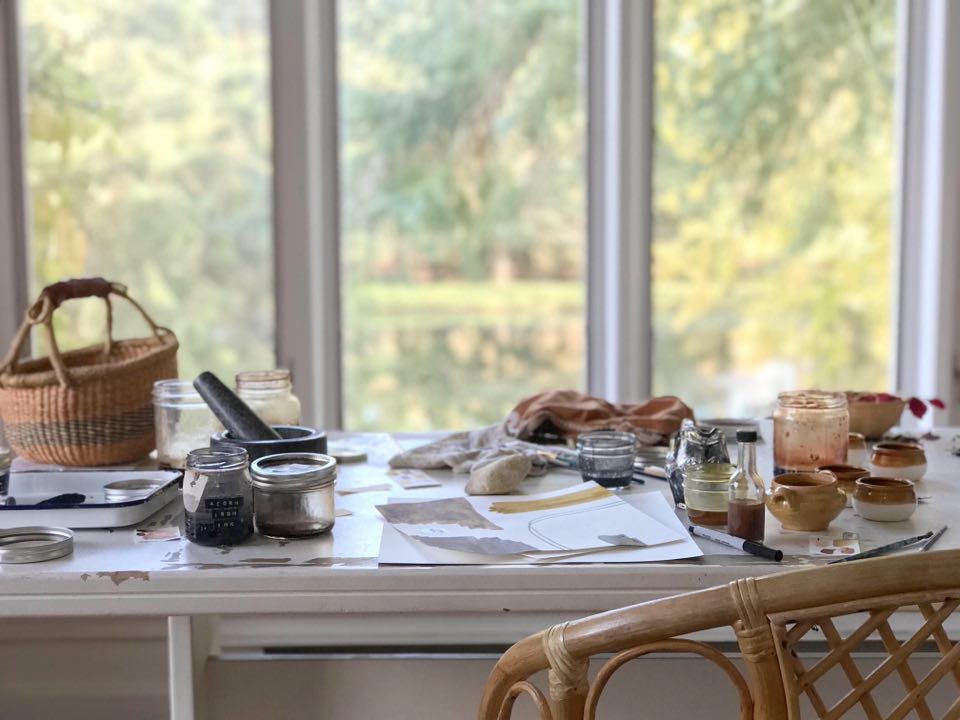 Jenkins's creative studio space with a clear view of the outdoors. 