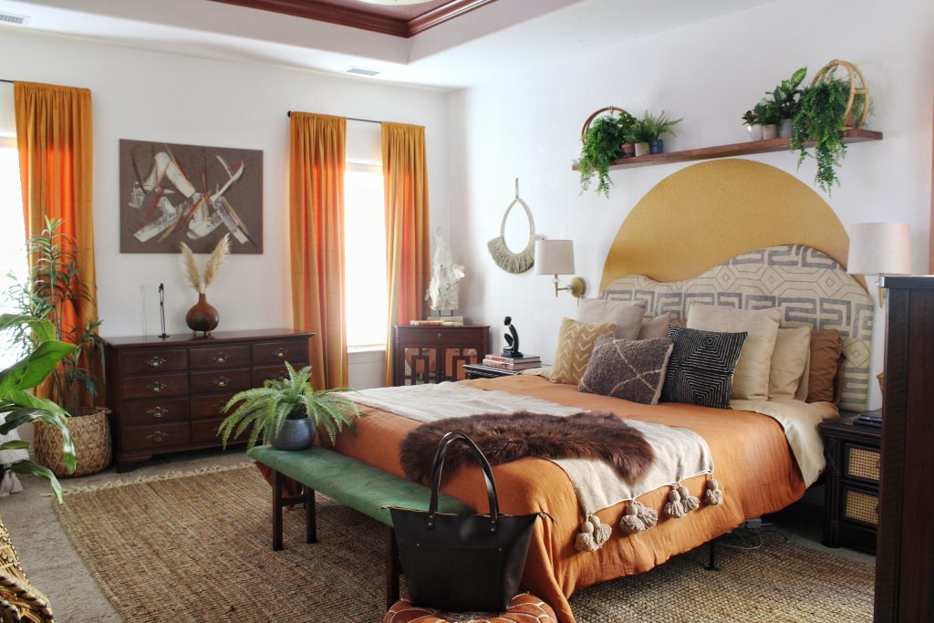 cozy bed setup with an eclectic mix of decor and natural elements