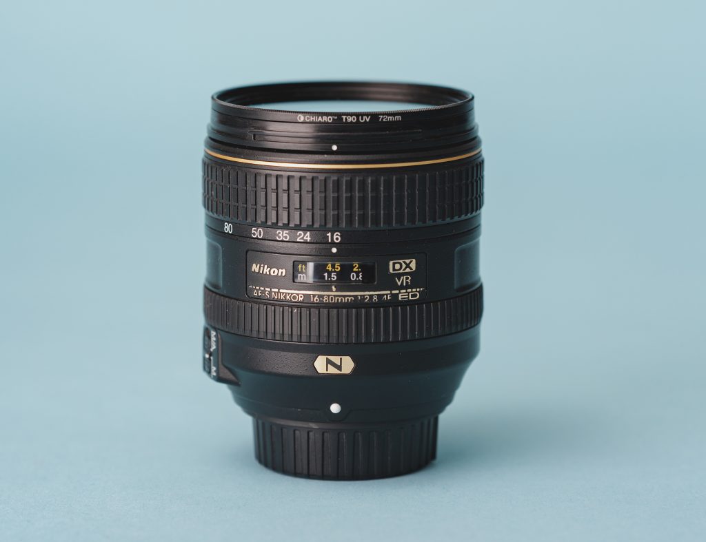 An SLR camera kit lens for Nikon digital cameras. 