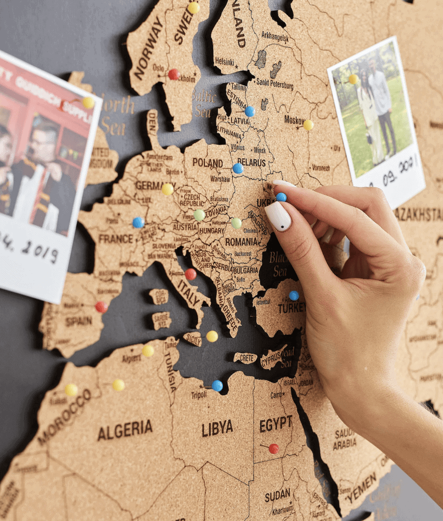 pin to a cork map bulletin board