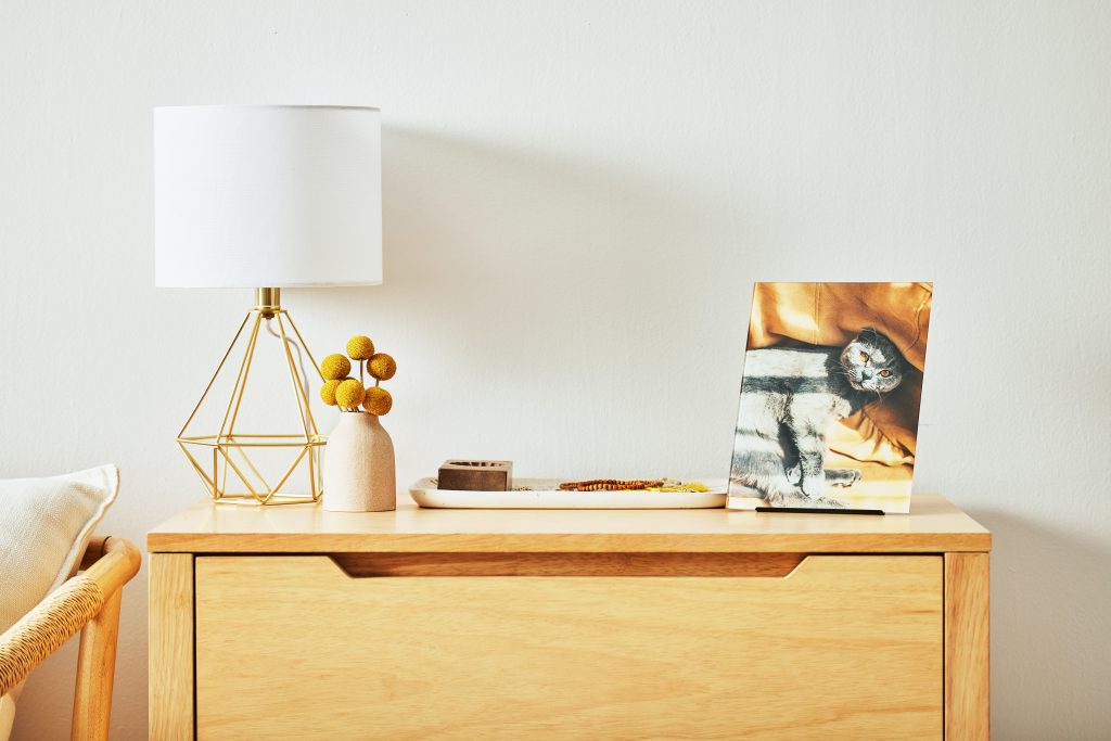 Dresser with print of cat, metallic lamp base, and other home decor accessories