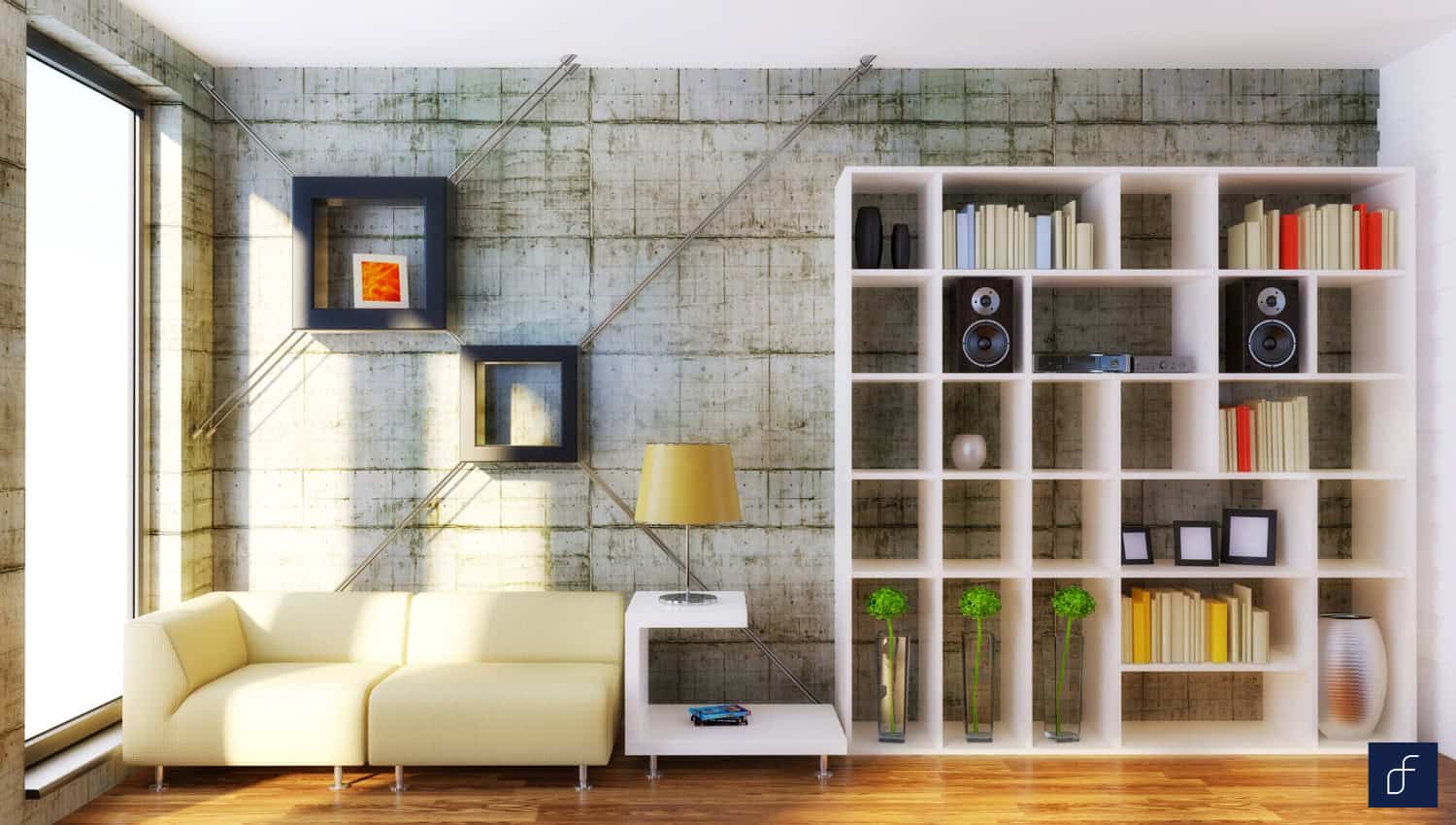 Floating shelves with books and plants in a living room