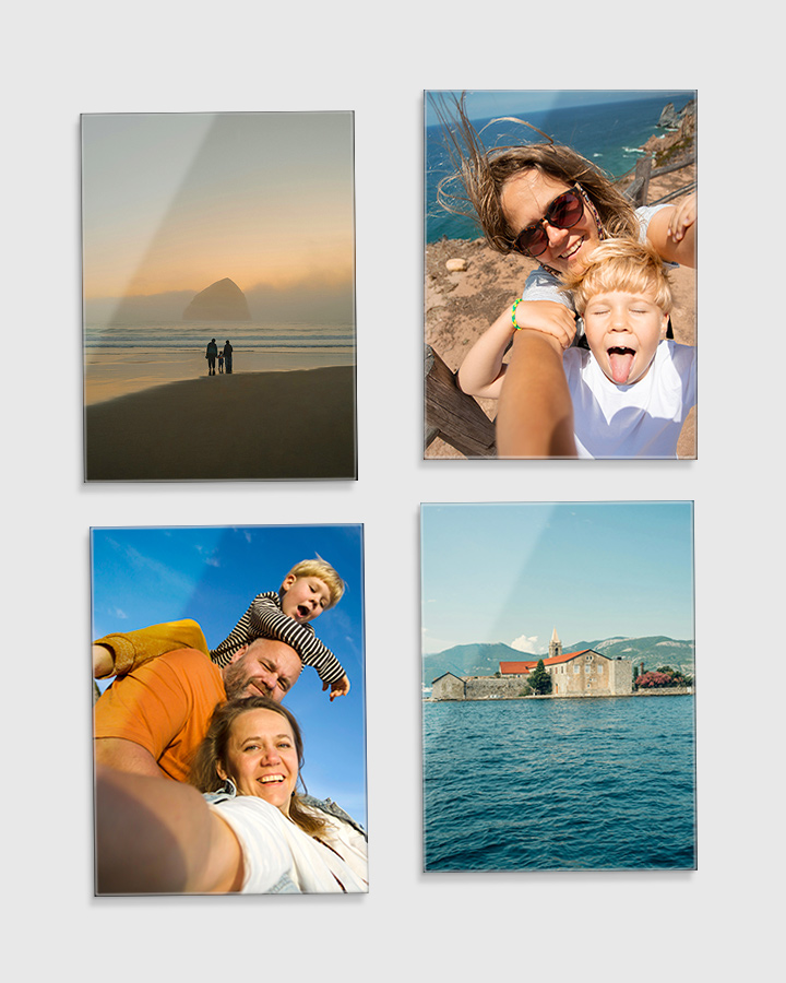 The 4 Large Glass Print Bundle from Fracture, featuring two travel photos, a mother & son photo, a family photo as inspiration for a Mother's Day bundle.