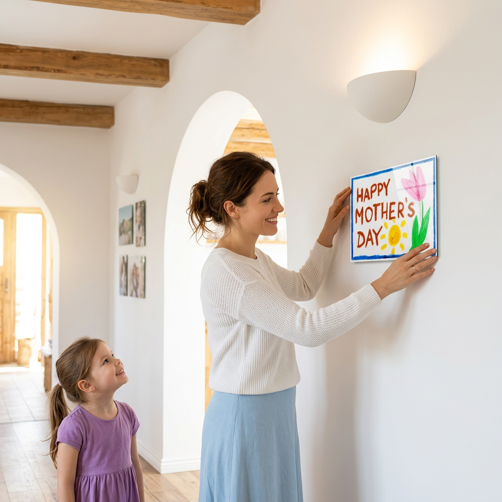 Mom hangs a glass print of her daughter's artwork while she looks on with a smile. The art is an illustration that says Happy Mother's Day with a cute drawing of a sun and tulip.