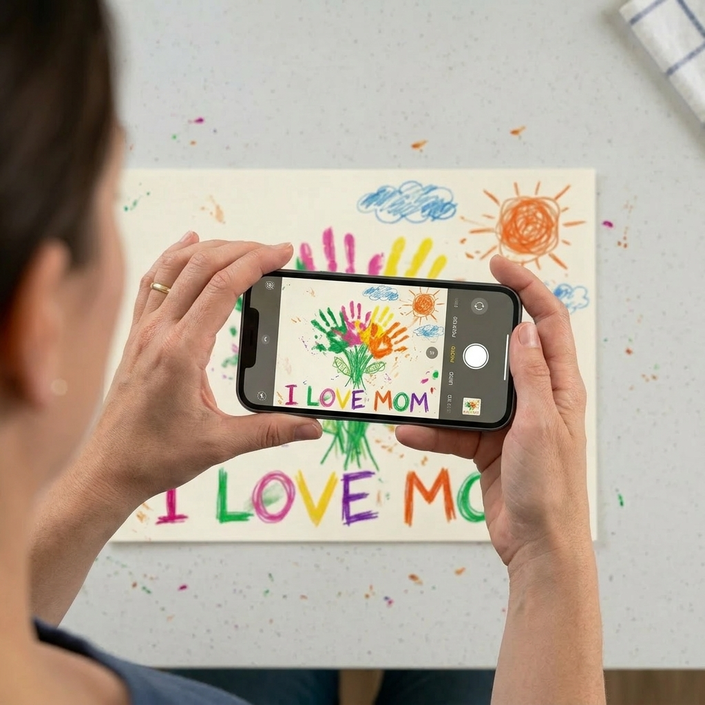 From Fridge to Fracture: How to turn your kids' art into a personalized Mother's Day gift with a glass print. A mom centers her phone above a kids' drawing to snap a photo of it.