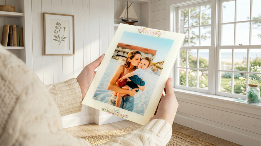 A mom holds her Mother's Day gift printed beautifully on glass—a photo of her holding her child with an elegant cream border with a floral design and the word MOM at the top.