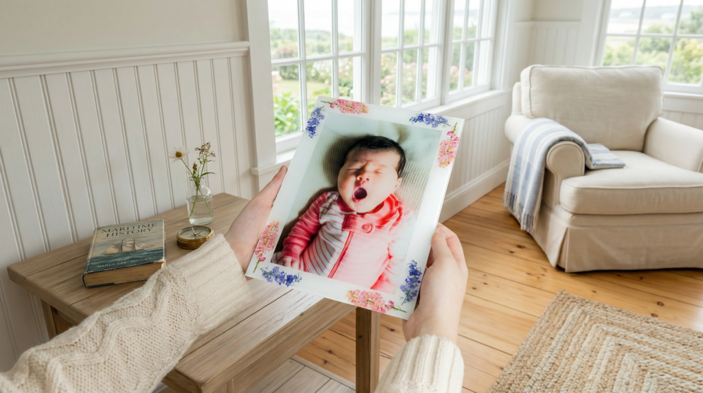 A mom's hands hold a photo of her newborn beautifully printed on glass,  with a Pressed Floral border of the July birth month bloom.