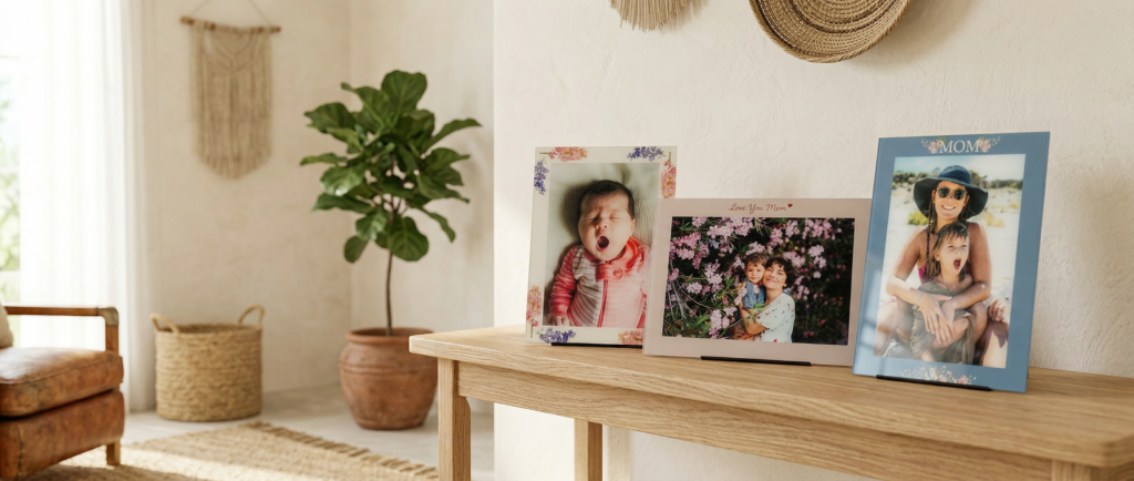 A set of glass prints with featuring Mother's Day templates and borders printed around custom photos directly on glass. They're thoughtfully set on stands on a nice wood console in a beautiful home.