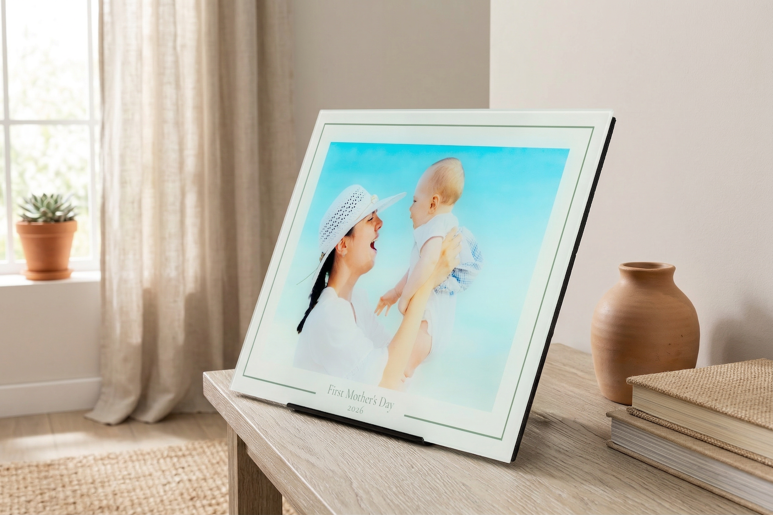 A First Mother's Day gift glass print—with an elegant border that says First Mother's Day 2026—features a photo of a mom lifting her baby in the air. The glass prints its in a stand on a credenza in a room with neutral decor.